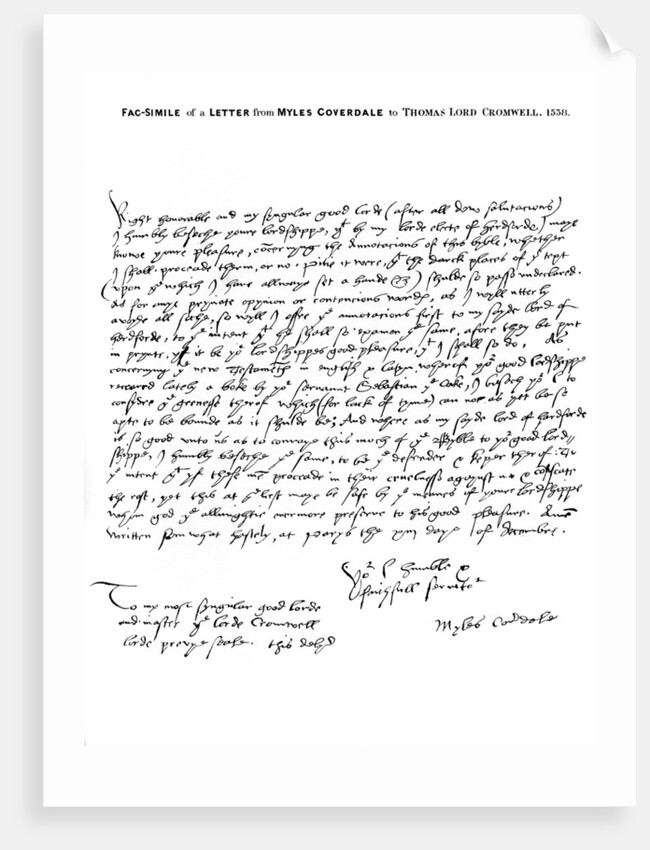 A letter from Miles Coverdale, Bishop of Exeter, to Thomas Lord Cromwell by Miles Coverdale