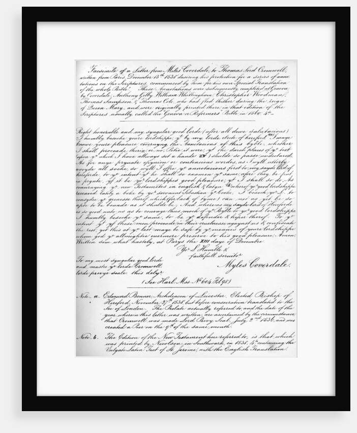 A letter from Miles Coverdale, Bishop of Exeter, to Thomas Lord Cromwell by Miles Coverdale