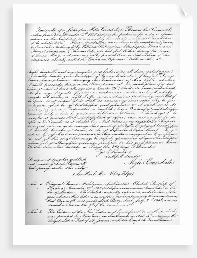 A letter from Miles Coverdale, Bishop of Exeter, to Thomas Lord Cromwell by Miles Coverdale