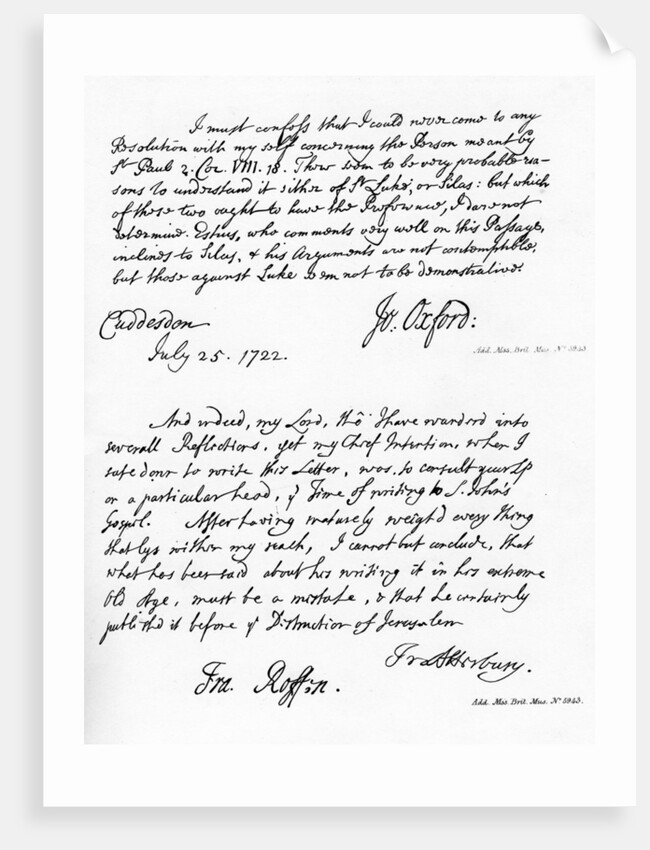 Letters from Potter, Bishop of Oxford, to Atterbury and Atterbury to Trelawney by Francis Atterbury