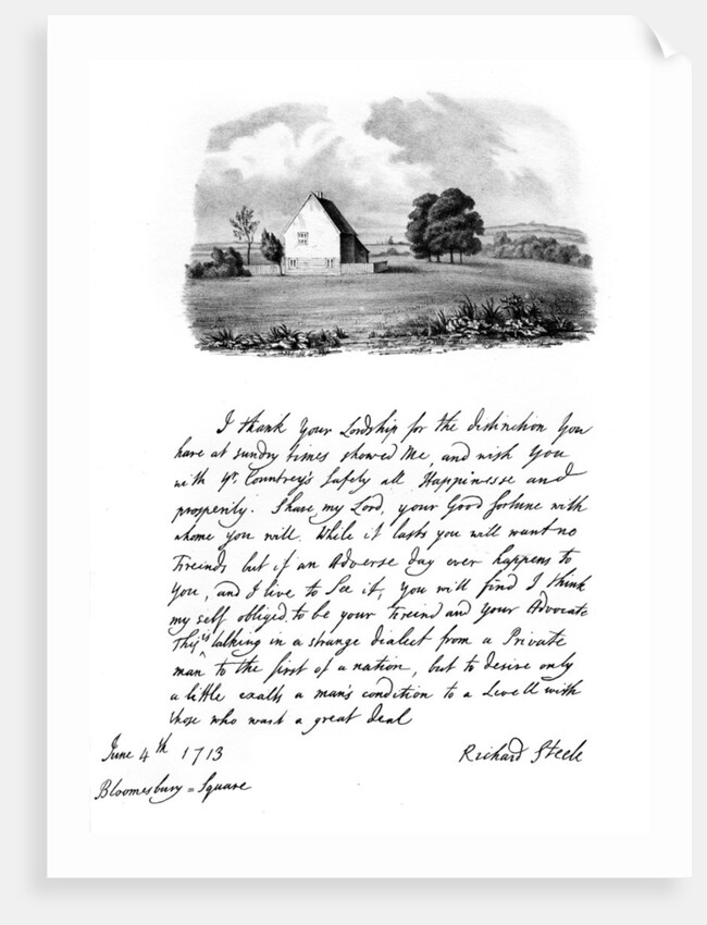 A letter from Sir Richard Steele, and a view of his cottage at Haverstock Hill by Richard Steele