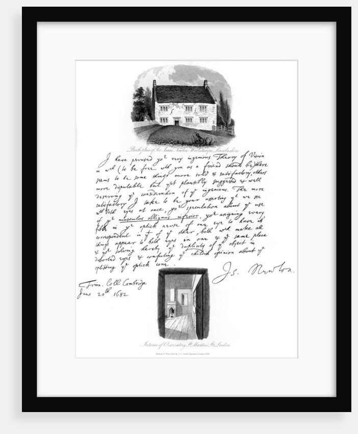 A letter from Isaac Newton, and a view of his birthplace at Woolsthorpe, Lincolnshire by Isaac Newton