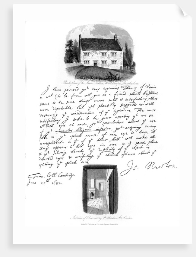 A letter from Isaac Newton, and a view of his birthplace at Woolsthorpe, Lincolnshire by Isaac Newton