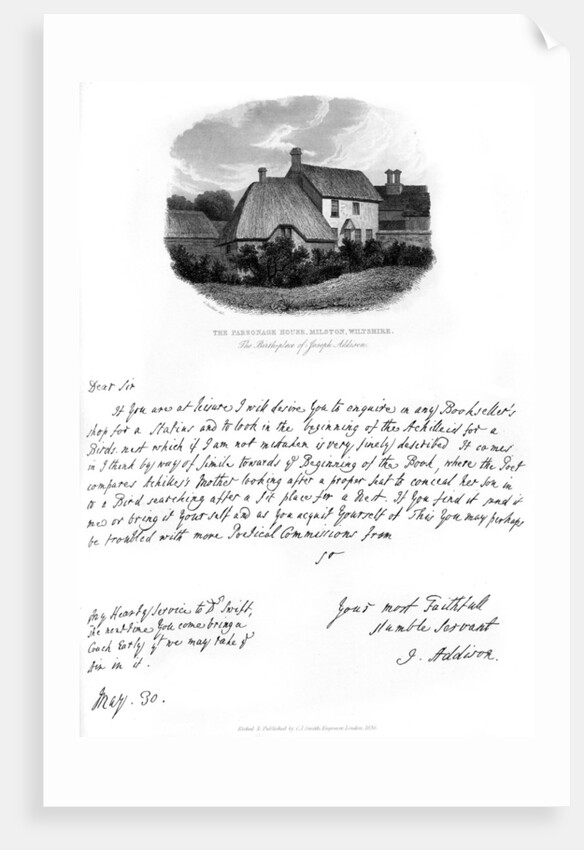 A letter from Addison, and a view of his birthplace by Joseph Addison