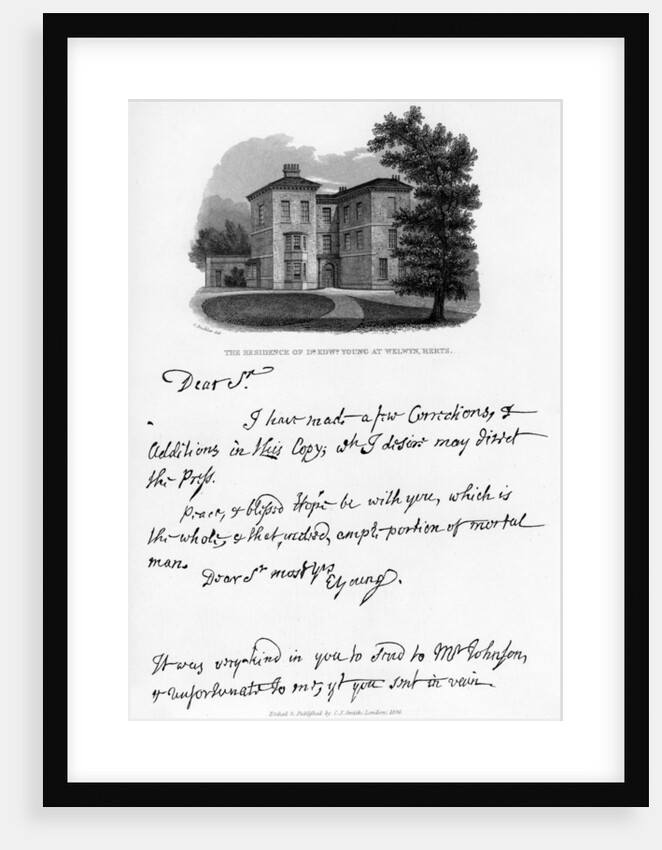 A letter from Edward Young, and a view of his residence at Welwyn, Hertfordshire by Edward Young