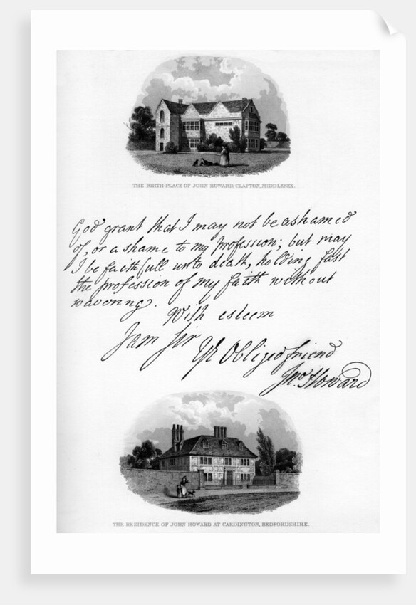 A letter by John Howard, and a view of his residence at Cardington by John Howard
