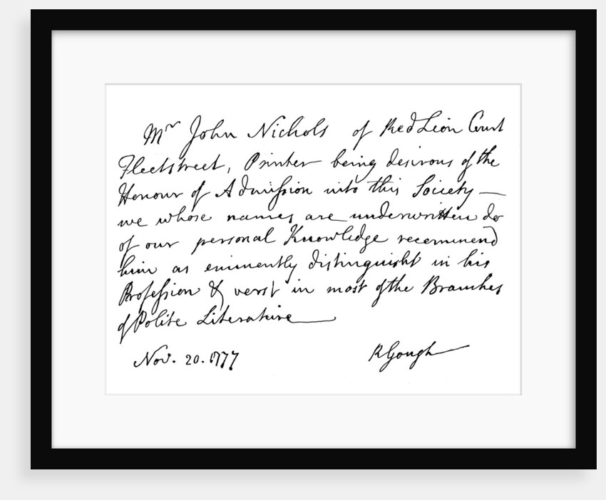 Certificate for the election of Mr John Nichols to the Society of Antiquaries by Richard Gough