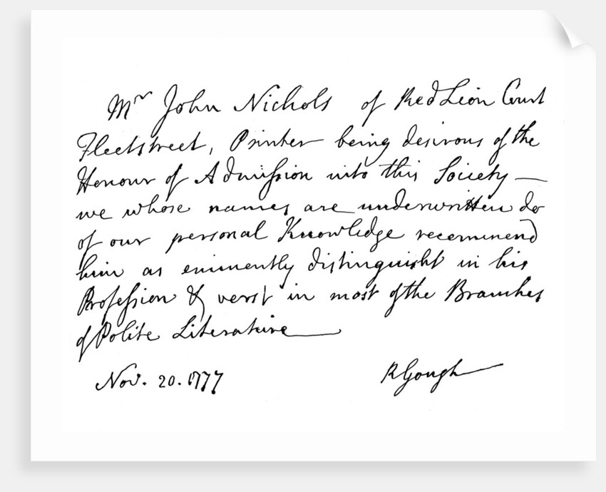 Certificate for the election of Mr John Nichols to the Society of Antiquaries by Richard Gough