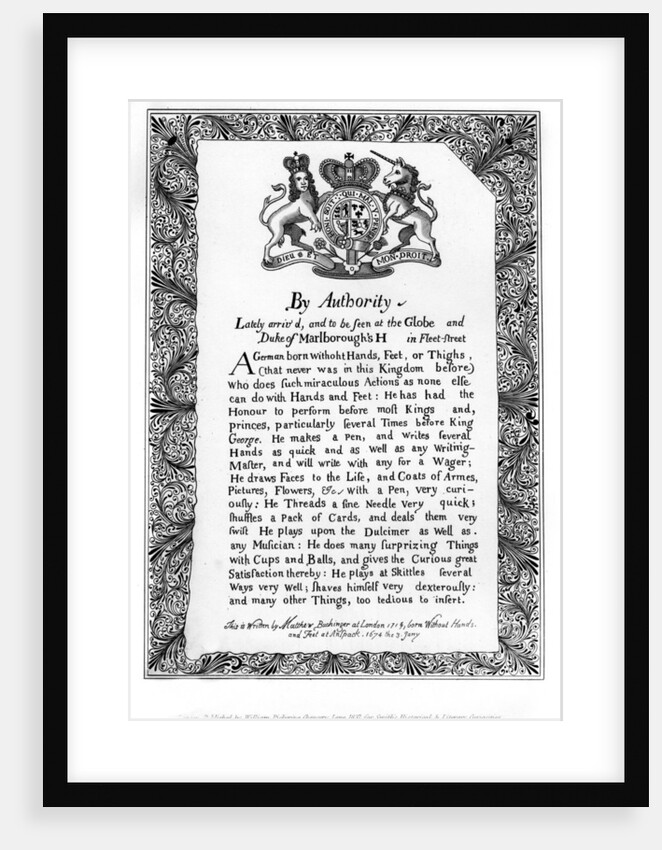 Calligraphic exhibition bill of Matthew Buchinger, 'Dwarf of Nurnburg' by Matthew Buchinger