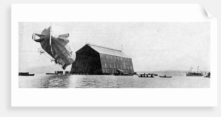 A Zeppelin entering its floating shed, c 1900 by Anonymous