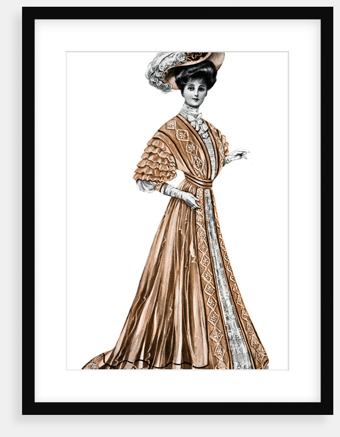 Woman wearing a long dress and a hat by Andre & Sleigh