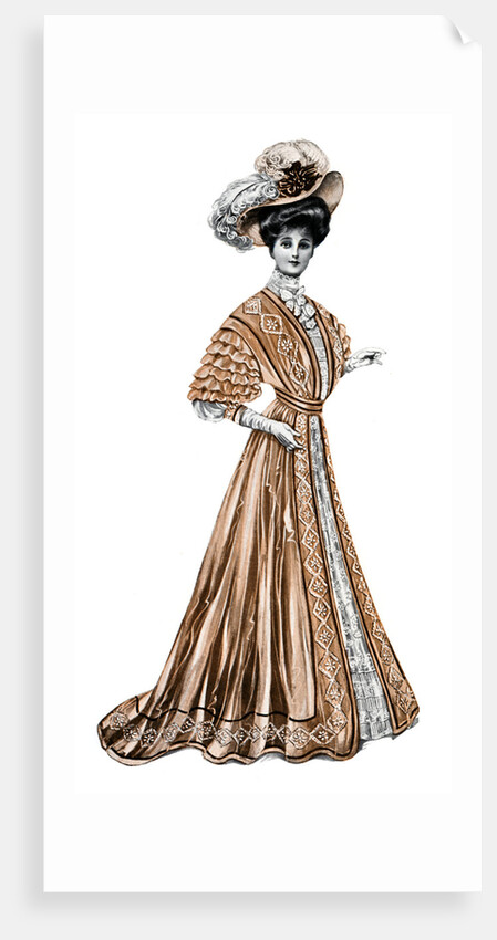 Woman wearing a long dress and a hat by Andre & Sleigh