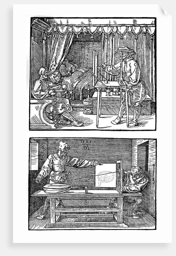 Apparatus for translating three-dimensional objects into two-dimensional drawings by Albrecht Dürer