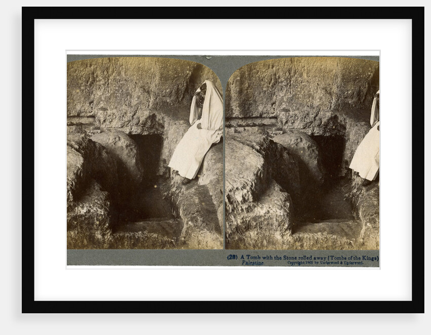 A tomb with the entrance stone rolled away, Jerusalem by Underwood & Underwood