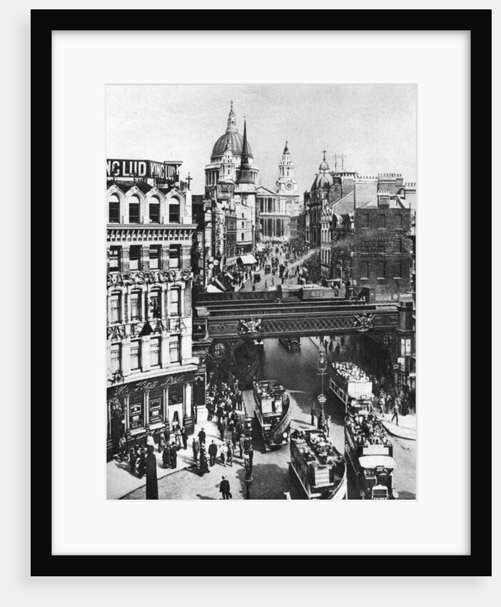 The spire of St Martin, Ludgate silhouetted against the bulk of St Paul's, London by Frith