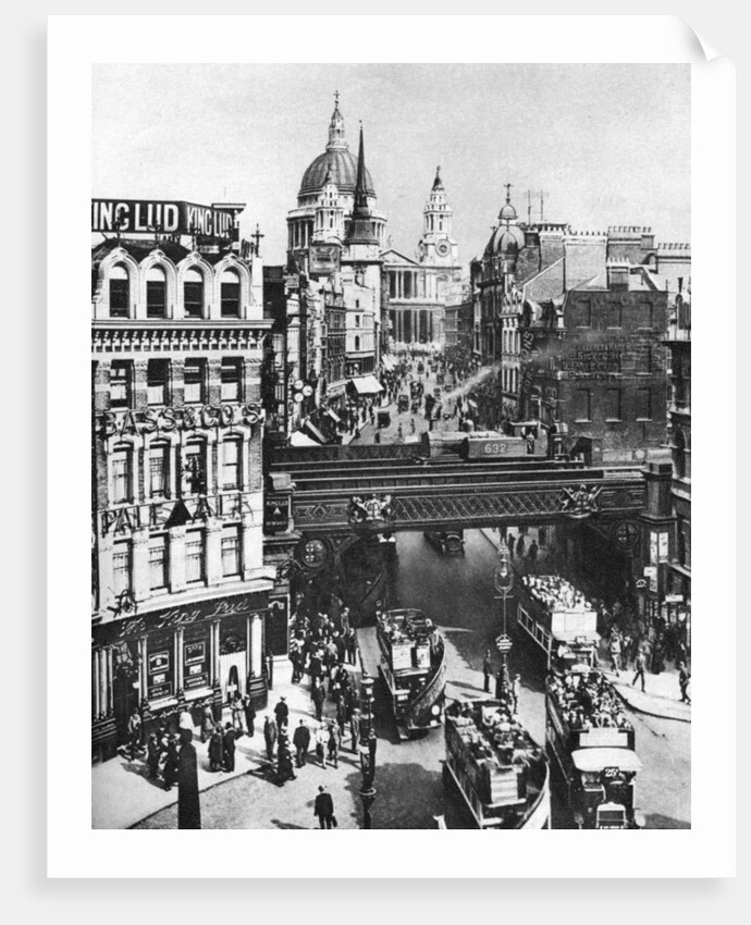 The spire of St Martin, Ludgate silhouetted against the bulk of St Paul's, London by Frith