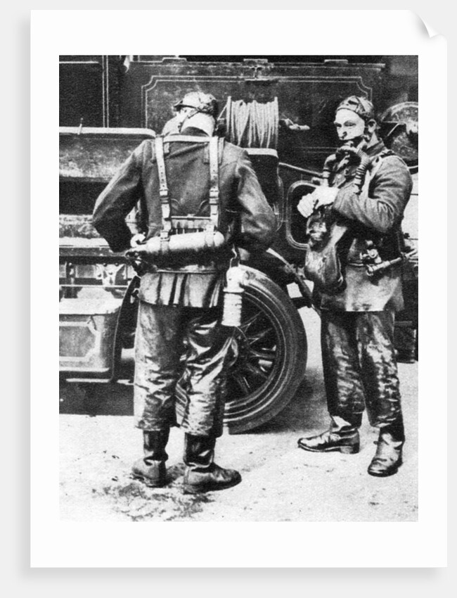 Firefighters donning smoke helmets, Farringdon Street rubber works, London by Anonymous