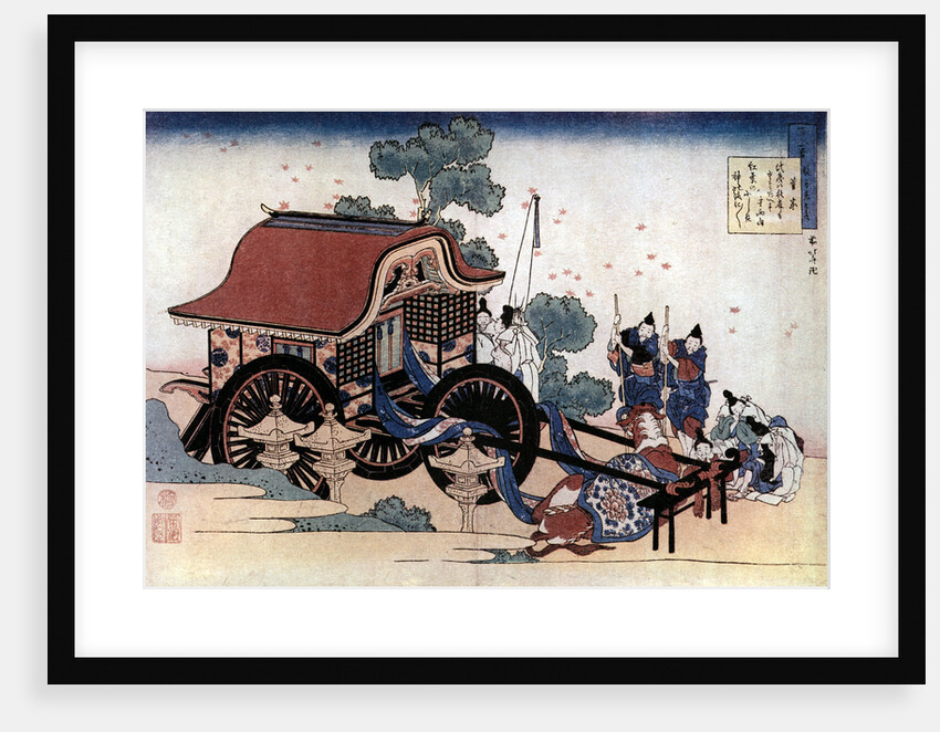 Pulling a three-wheeled carriage, Japanese woodcut by HOKUSAI