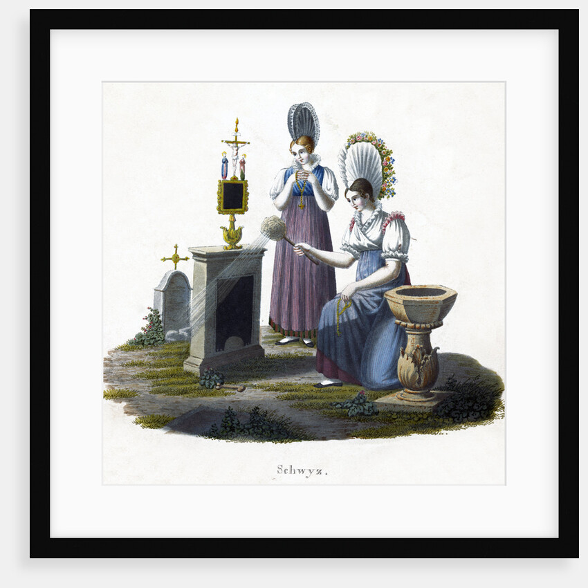 Two women standing before a headstone in a graveyard by Anonymous