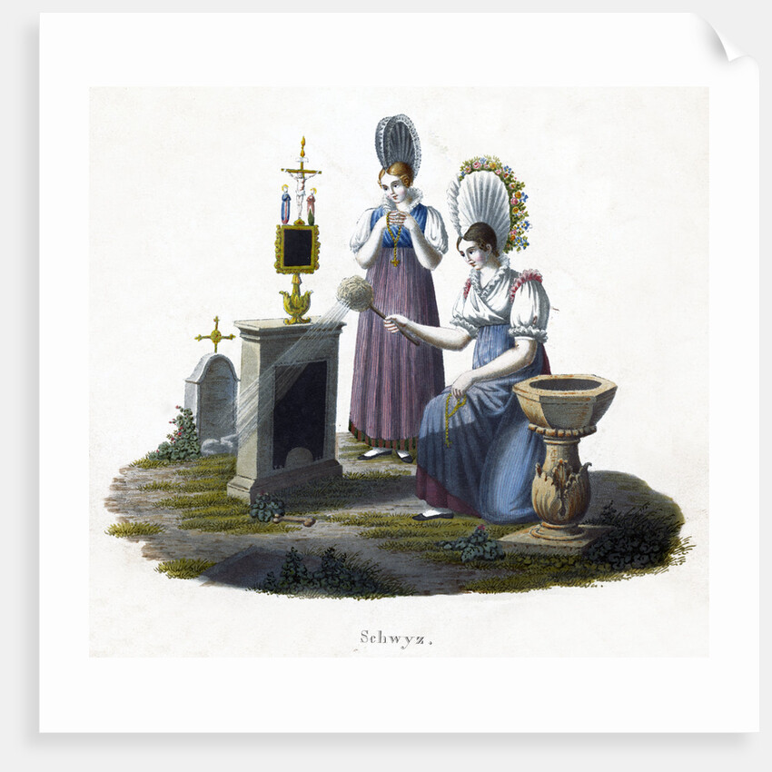 Two women standing before a headstone in a graveyard by Anonymous