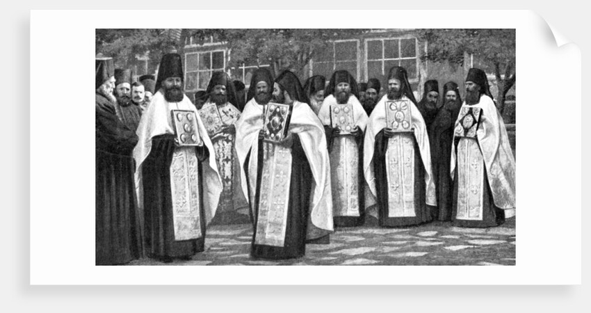 Monks of the Greek church carrying volumes of the Liturgy, Greece by Anonymous
