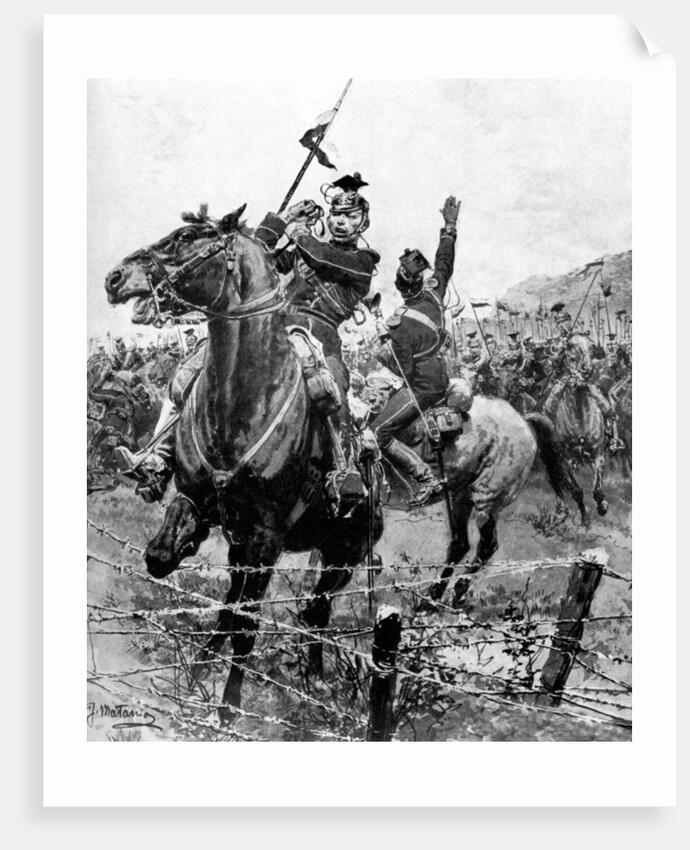 Uhlans checked by barbed wire near Liege, Belgium, First World War by Anonymous