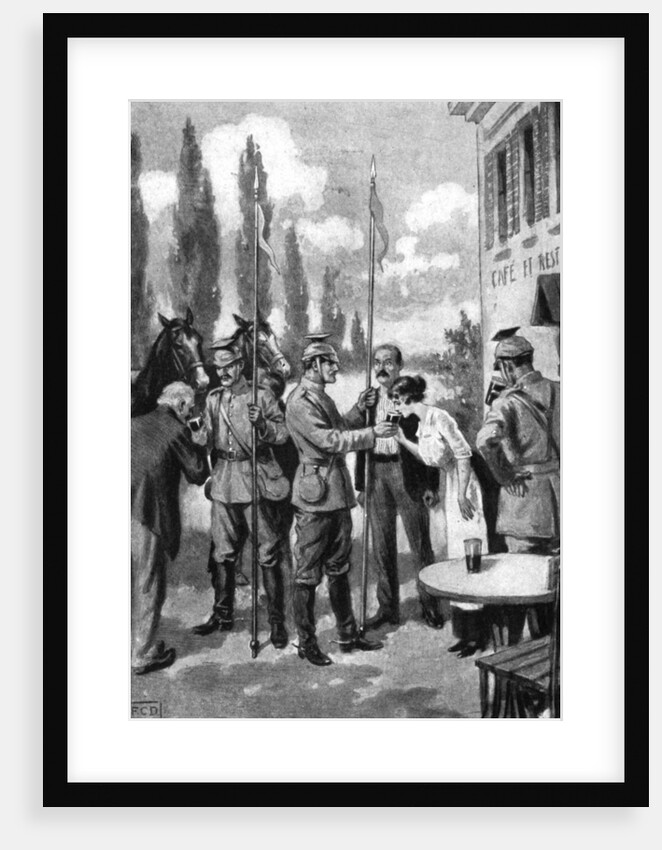 'Uhlans demanding refreshments from Belgian villagers', First World War by Anonymous