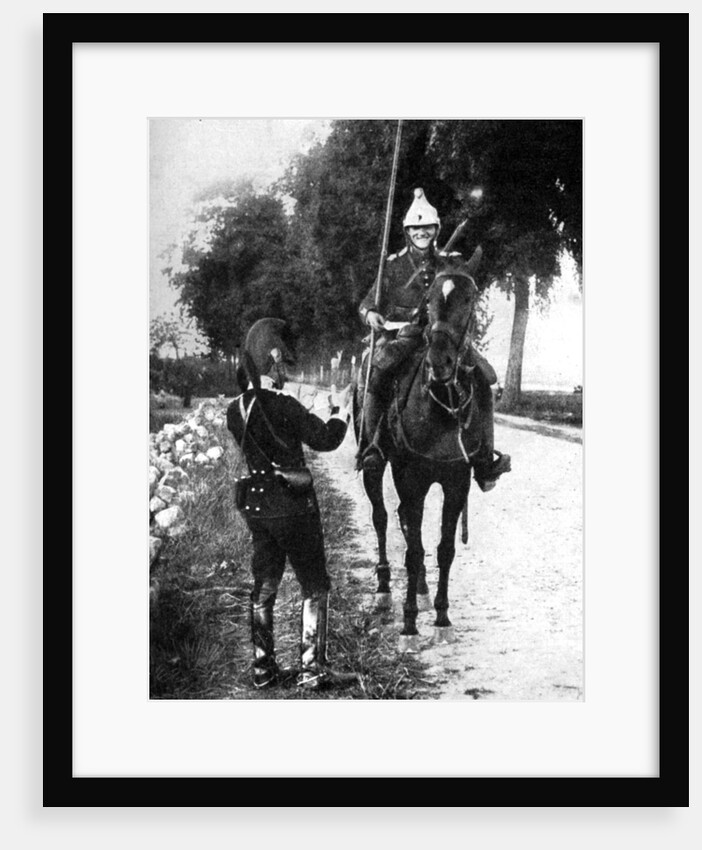 'French dragoon, delivering passport to alert Belgian picket', First World War by Anonymous
