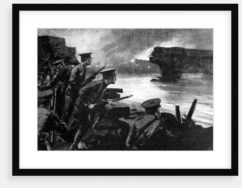 British troops on riverbank prepared for German advance, Belgium, First World War by Anonymous
