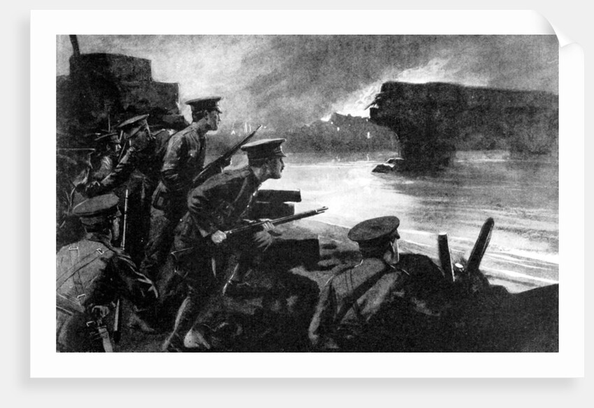 British troops on riverbank prepared for German advance, Belgium, First World War by Anonymous