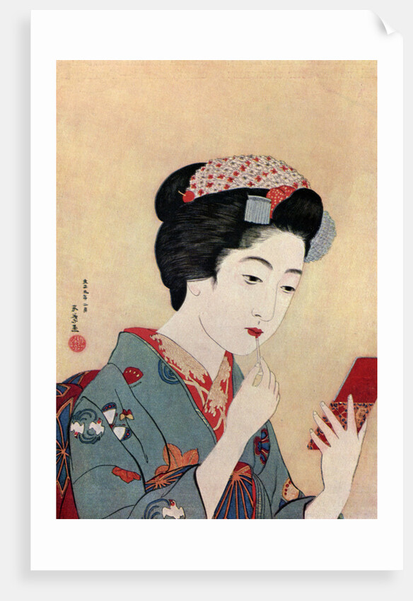 A Japanese woman using a beni brush to paint her lips by Hashiguchi Goyo