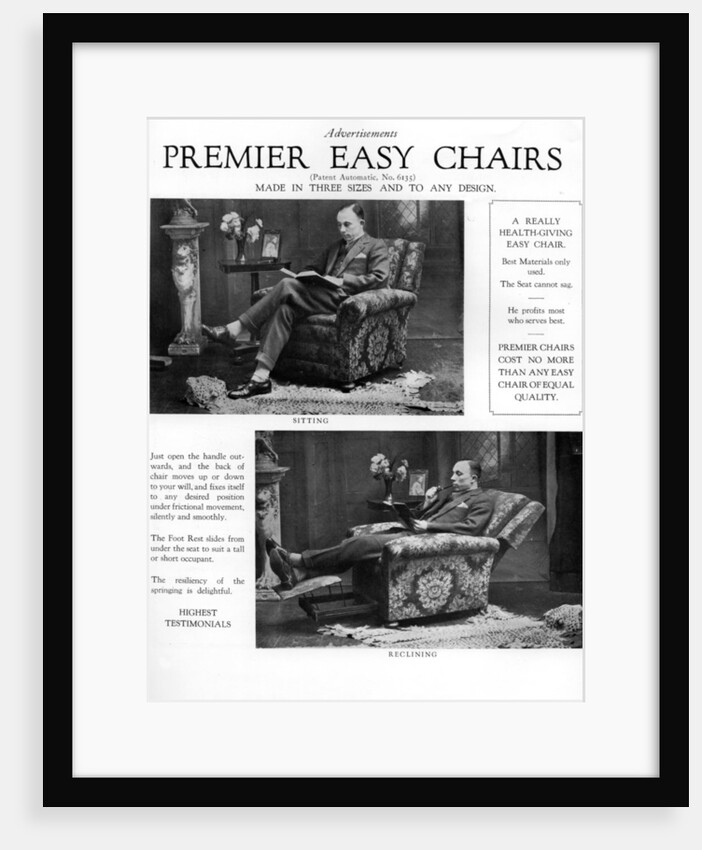 An advertisement for 'Premier' easy chairs by Anonymous