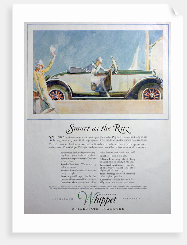 Advert for the Overland Whippet Collegiate Roadster car by Anonymous