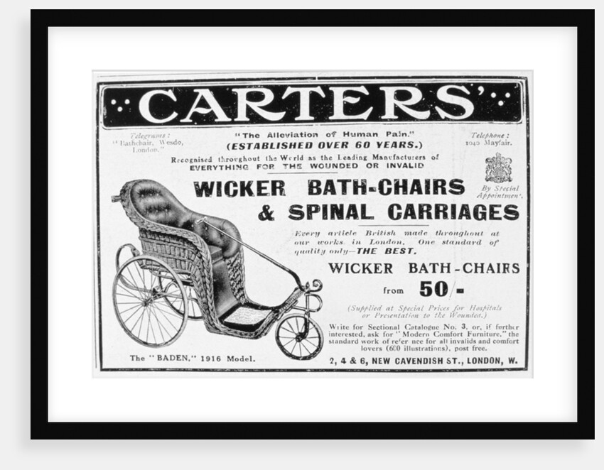 Advert for Carters' wicker bath chairs and spinal carriages by Anonymous