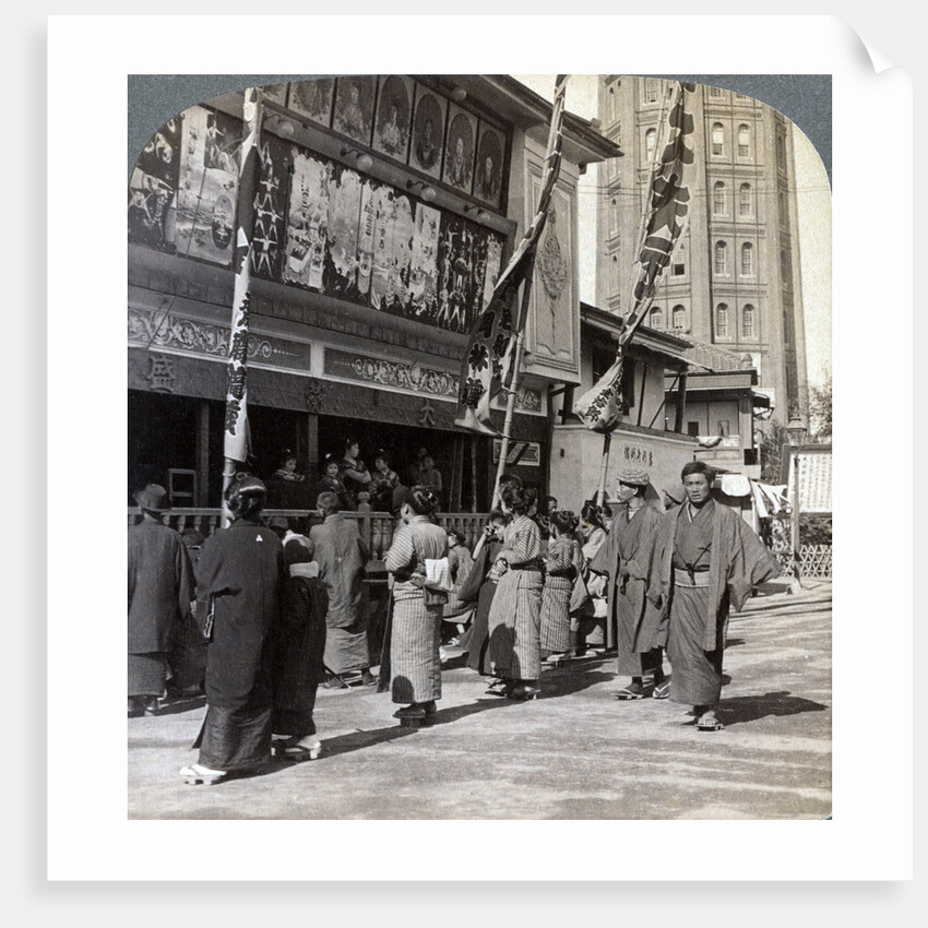Watching a free show on Theatre Street, looking north to Asakusa Tower, Tokyo, Japan by Underwood & Underwood