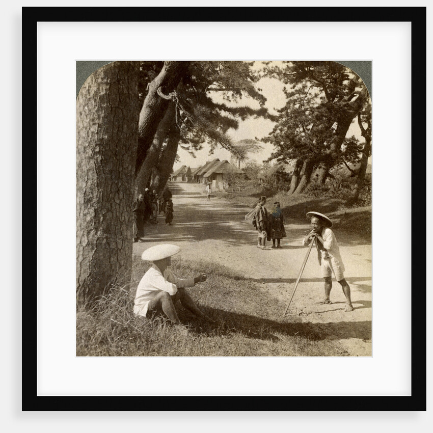 Travellers resting under the pines at Suzukawa, old post road from Tokyo to Kyoto, Japan by Underwood & Underwood