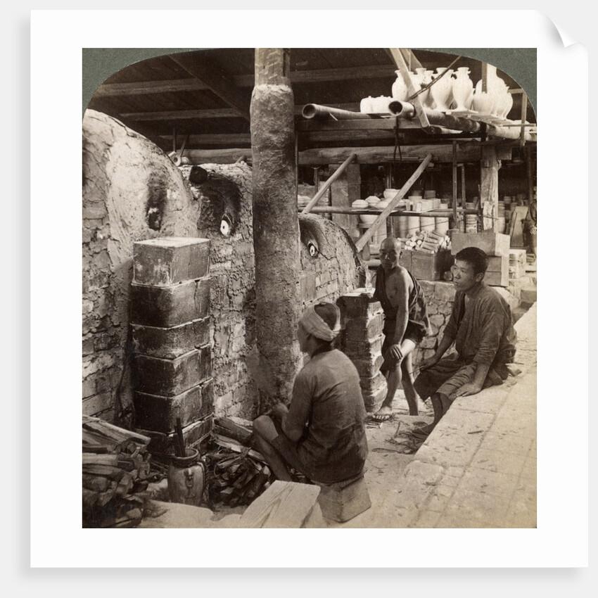 Workmen watching kilns full of Awata porcelain, Kinkosan works, Kyoto, Japan by Underwood & Underwood