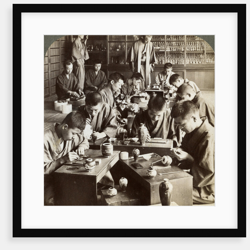 Expert workmen creating designs in cloisonne, Kyoto, Japan by Underwood & Underwood