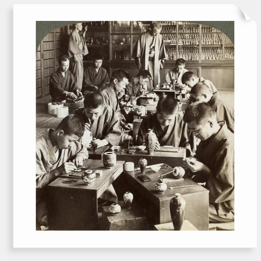 Expert workmen creating designs in cloisonne, Kyoto, Japan by Underwood & Underwood