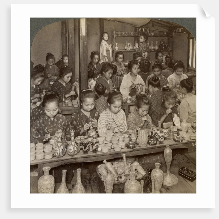 Factory girls decorating cheap pottery for the foreign markets, Kyoto, Japan by Underwood & Underwood
