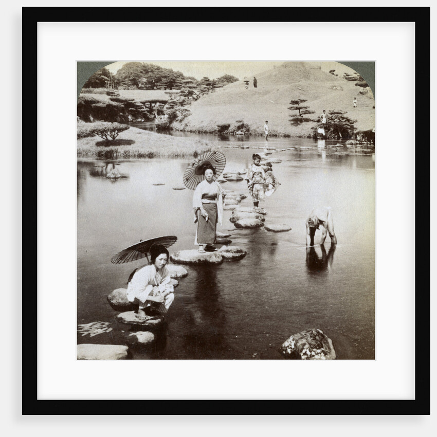 Women crossing the lake on stepping stones, Suizen-ji Garden, Kumamoto, Japan by Underwood & Underwood