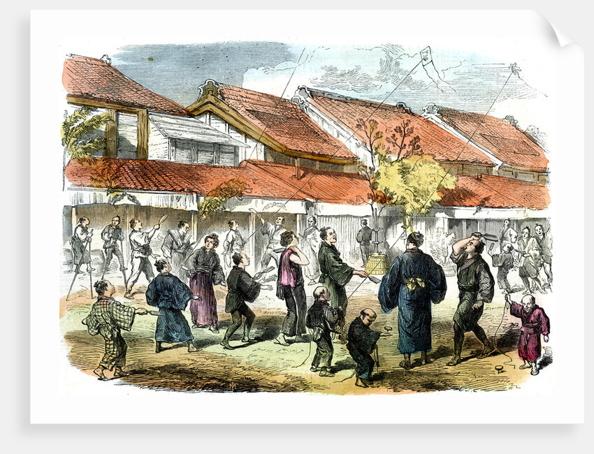 Japanese game of battledore and shuttlecock in the streets of Yokohama by Anonymous