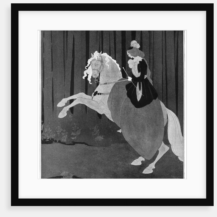 A woman sitting on a rearing horse by Aubrey Beardsley