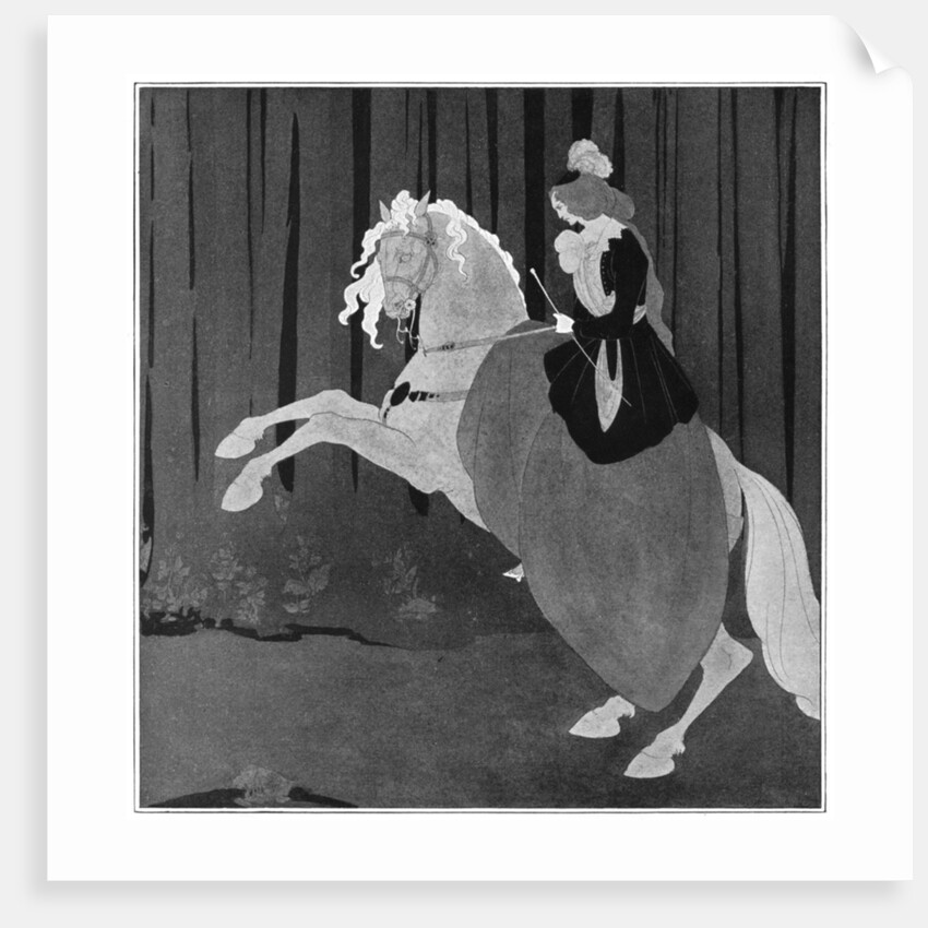 A woman sitting on a rearing horse by Aubrey Beardsley