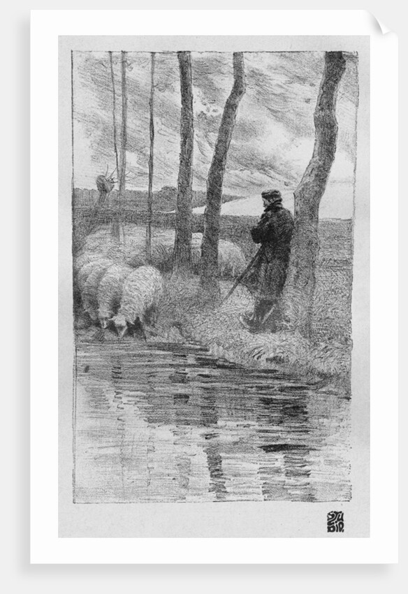 A shepherd with his flock by a river by Robert Hermann Sterl