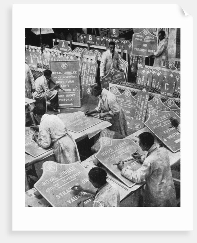 Men in the RAC Highways Department preparing traffic signs by Anonymous