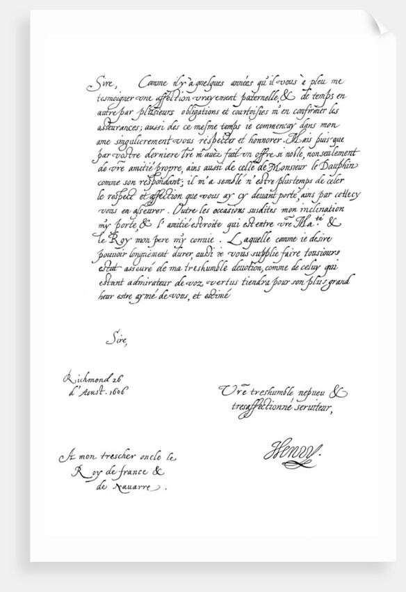 Letter by Henry Frederick, Prince of Wales, to King Henry IV of France by Frederick George Netherclift