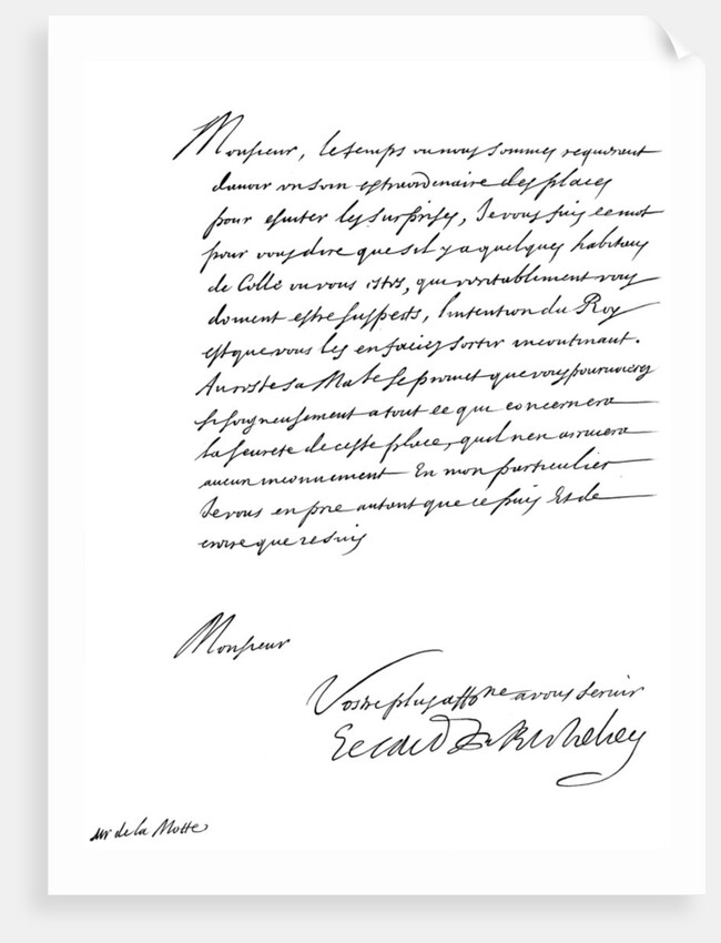 Letter by Cardinal Richelieu, to Monsieur de la Motte by Frederick George Netherclift