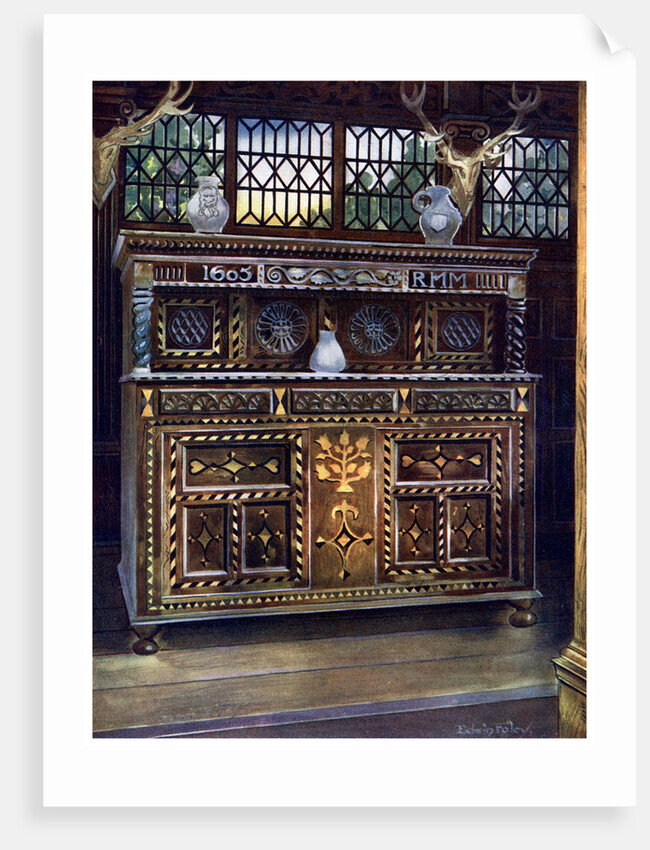 Carved and inlaid oak court cupboard by Edwin Foley