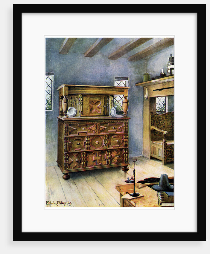The Putnam Cupboard of English oak and cedar, and carved settle of American oak by Edwin Foley